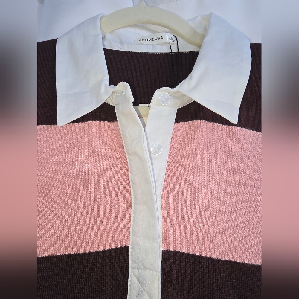 Active USA Striped Knit Polo Midi Dress - Pink & Brown Preppy Collared Sheath - Picture 9 of 15